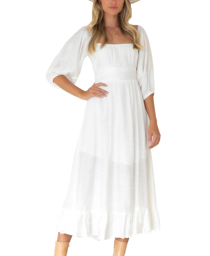 (White XL)Dress Half Puff Sleeve Neck Backless Flounce Hem High HG5